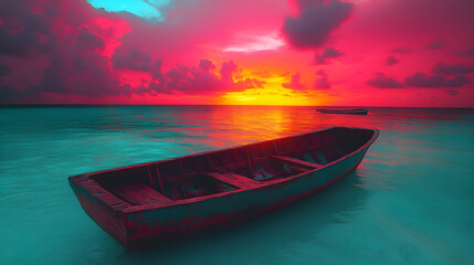 Naklejka premium Serene sunset over tranquil ocean with a lone wooden boat, vibrant colors, peaceful mood.