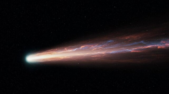 Majestic Comet Streaking Across the Cosmos - A vibrant comet with a long, glowing tail of orange, red, and blue hues streaks across the dark expanse of space