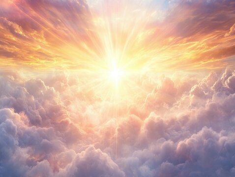 Ethereal cloudscape with radiant sunlight creating a heavenly atmosphere serene peaceful dreamlike background warm glow soft pastel colors fluffy clouds celestial