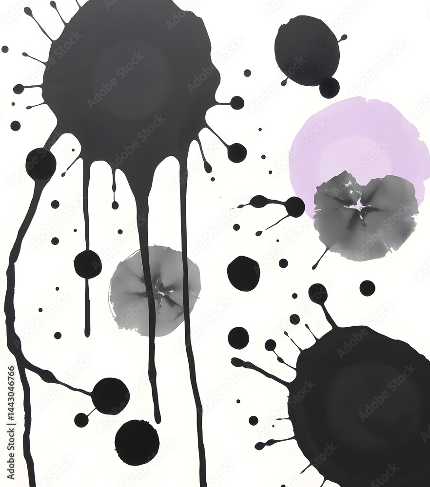 Fototapete abstract expression, black splatters, pastel background. dynamic art, streaks and spots create depth