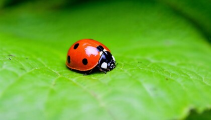 Fototapeta premium Ladybug Resting on Bright Green Leaf in Natural Garden Setting