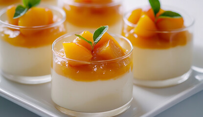 Panna cotta dessert with apricot puree and peach slices in a glass cup on a white plate