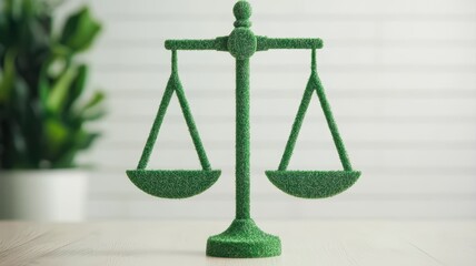 A green grass-textured weighing scale symbolizes eco-friendly justice and environmental balance.