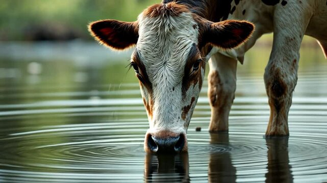 A cow peacefully drinks from a clear stream in a sunny countryside landscape.