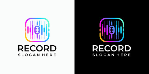 Obraz premium Sound wave and microphone vector logo design in rectangle shape with modern, simple, clean and abstract style. Icon for business, sound, entertainment and personal branding.