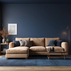 Modern living room interior with comfortable sectional sofa against a dark blue wall creating a cozy atmosphere with a contemporary design and elegant decor