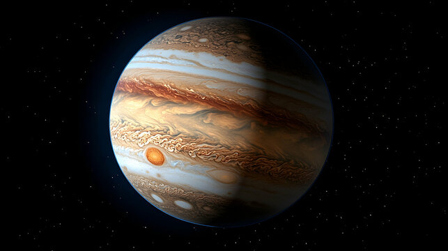 Giant planet with bands and swirls of orange brown beige Swirling clouds surround the great red spot