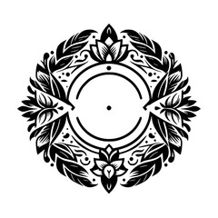 Elegant Symmetrical Black and White Floral Circle Ornament Illustration
