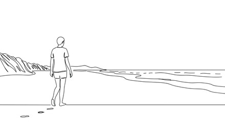 Minimalist line drawing of a person walking on the beach  
