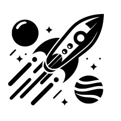 Dynamic Flat Design Rocket Icon in Outer Space with Planets and Stars Graphic