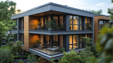 Fototapeta premium Modern residential buildings with balconies and lush greenery create serene atmosphere