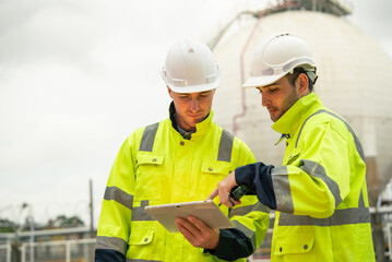 Engineers wearing safety gear discussing work at an oil refinery plant. Industrial background with metal structures and pipelines. Professional teamwork and communication in the energy indust