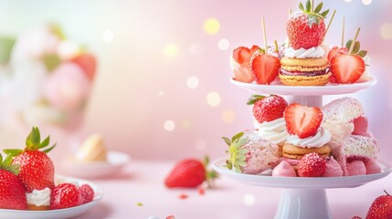 Fototapeta premium Whimsical dessert display with strawberry treats on pastel gradient background