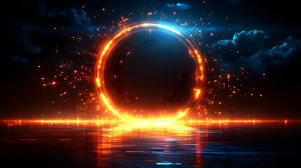 Obraz premium Glowing portal hovers over dark reflective water sparks rise in the night