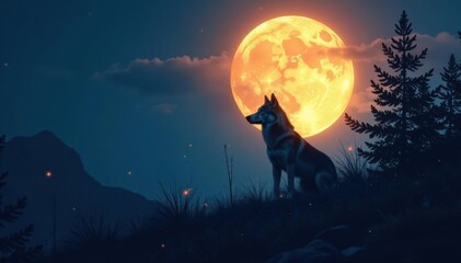 Lone wolf's silhouette against full moon, dense foliage, backlit, running, thicket