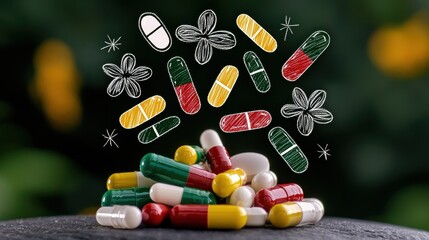 Colorful capsules and pills on dark surface, with stylized drawings of pills and germs floating above. Green bokeh background adds depth. Image depicts medicine and healthcare.