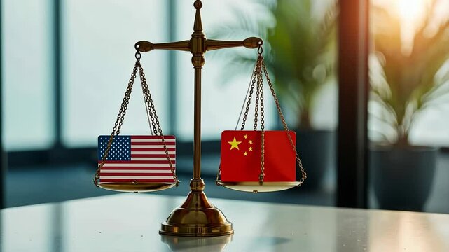 Balance of Power: US and China Flags on Scales in Modern Office  