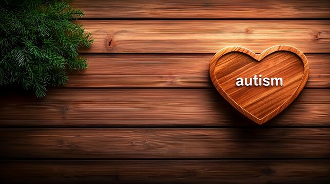 Heart with "autism" on wood Evergreen bough Symbol for acceptance - Powered by Adobe