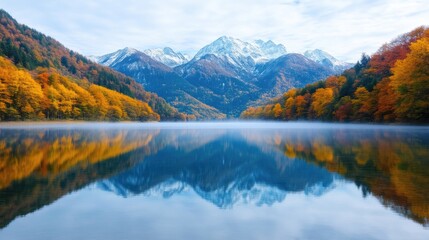 Fototapeta premium A serene alpine lake perfectly reflects snow-capped mountains and colorful autumn forest foliage under a misty morning sky.