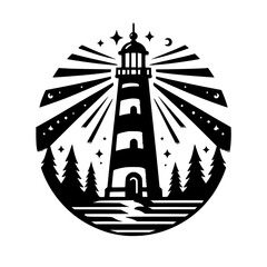 Retro Minimalist Monochrome Lighthouse & Forest at Night Circle Illustration Graphic
