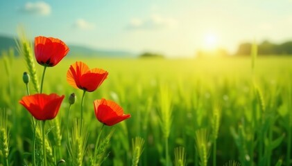 Several poppies scattered in a swaying green wheat field, sunlit , grass, texture, green