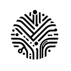 Minimalist Abstract Black and White Circle Symbol: Integrated Circuit Board & Stylized Tree - Technology and Nature Connection Icon