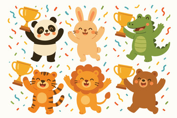 Naklejka premium Set of flat vector illustrations in simple animal winners, panda bunny crocodile tiger lion and bear rejoice and hold winner's cups, confetti