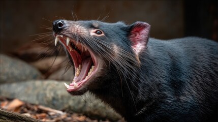 Obraz premium Tasmanian Devil Roaring: Ferocious Wildlife Portrait