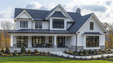 Obraz premium Elegant two story American home with white trim and large windows, surrounded by nature beauty