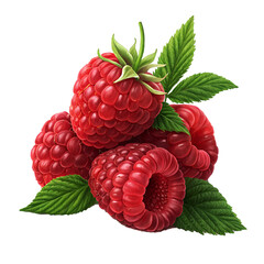 Stack of Fresh Raspberries with Leaves Isolated on White or Transparent Background – High Quality PNG Image