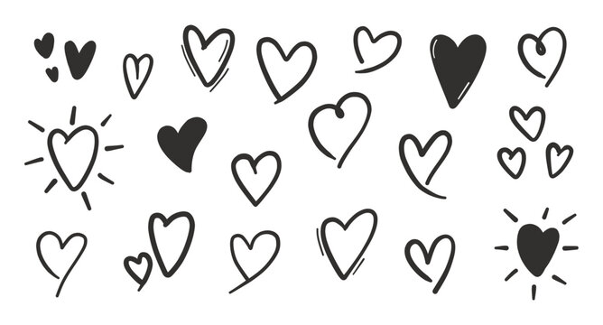 Hand drawn hearts set. Collection of different black hearts illustration, white background