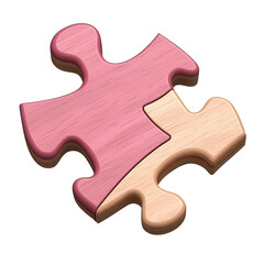 Obraz premium Close-up of two interlocking wooden puzzle pieces painted in pink and beige, symbolizing connection, teamwork, and problem-solving, isolated on white background