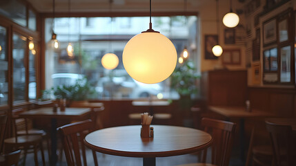 Cozy cafe interior with warm lighting, empty tables, and a blurred city view. Perfect for restaurant, food, or lifestyle themes.
