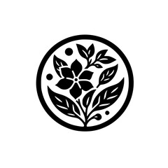 Fototapeta premium Simple Black and White Floral Silhouette in Circle - Botanical Graphic Design Element