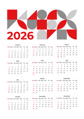 Modern abstract geometric calendar 2026. Minimalistic red gray wall calendar template with geometric shapes