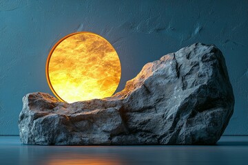 Fototapeta premium Glowing yellow circle on ancient stone podium with blue background, soft light effect for product display or design element.