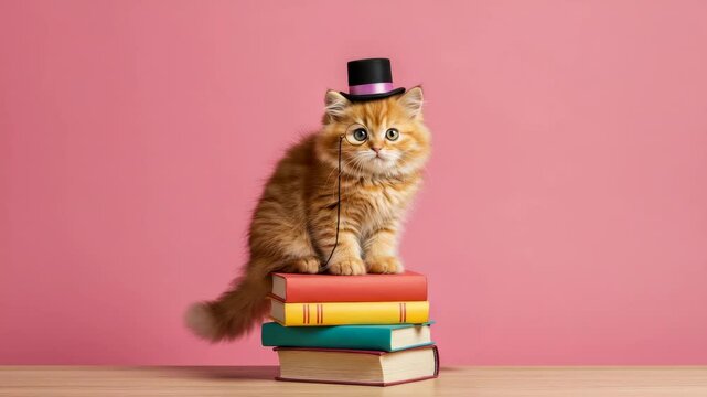 Adorable Ginger Kitten in Top Hat on Stack of Books - A fluffy ginger kitten wearing a tiny top hat and monocle sits perched atop a stack of colorful books against a pink background.  The scene is pla