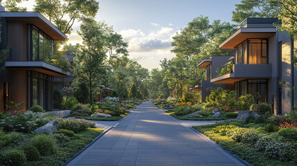 Stylish apartment buildings line serene pathway surrounded by lush greenery and vibrant flowers