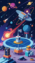 A colorful space scene with a white building in the middle. The building has a dome on top and a window on the side. There are many other buildings and objects in the scene, including a bus and a car