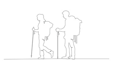 Continuous one line drawing couples hiking man woman traveling in outdoor