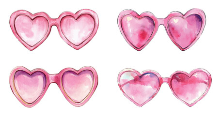 Watercolor pink sunglasses with pink heart shape. Aesthetics and coquette elements. Glamorous vintage elements of 2000s. Fashion accessories for glasses.