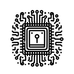 Stylized Computer Chip with Lock Icon. Digital Security and Access Concept. Clean Black and White Vector.