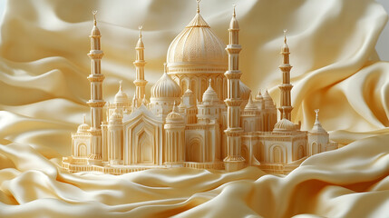Ornate structure with detailed architecture domes and minarets on draped fabric