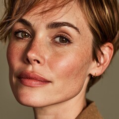 Fototapeta premium A woman with a greenish tint to her eyes and a light brown hair style