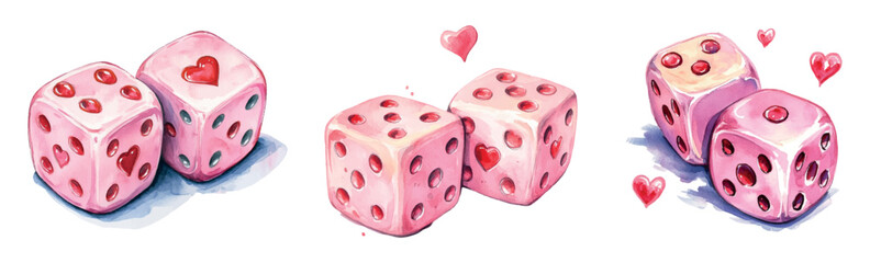 Watercolor set of pink gambling cubes with hearts. Glamorous coquette elements in pink colors. Gambling cubes with hearts. Vintage elements for Valentine's Day and coquette elements.