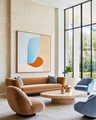 Cozy artistic living room, plush caramel boucle sofa, soft azure accent chairs, textured plaster feature wall, sculptural abstract artwork in blue