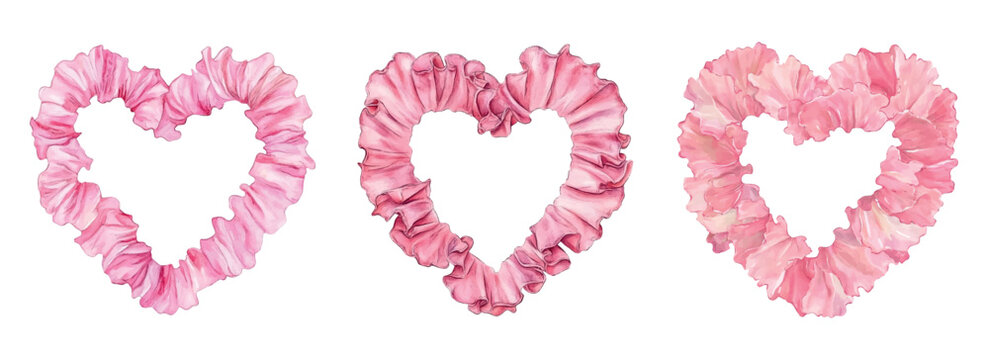 Set of heart-shaped frames from ribbon in coquette style. Watercolor ribbon with ruffles in the shape of a heart. Vintage heart-shaped frame elements. Trendy holiday borders.