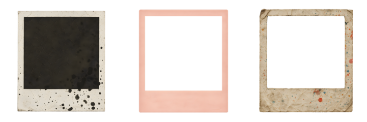 Vintage Scrapbooking Elements on transparent background, for design projects. Polaroid Frame Overlay Pack. Grunge Photo Frame Clipart