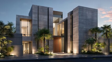 Modern concrete residence facade at twilight.