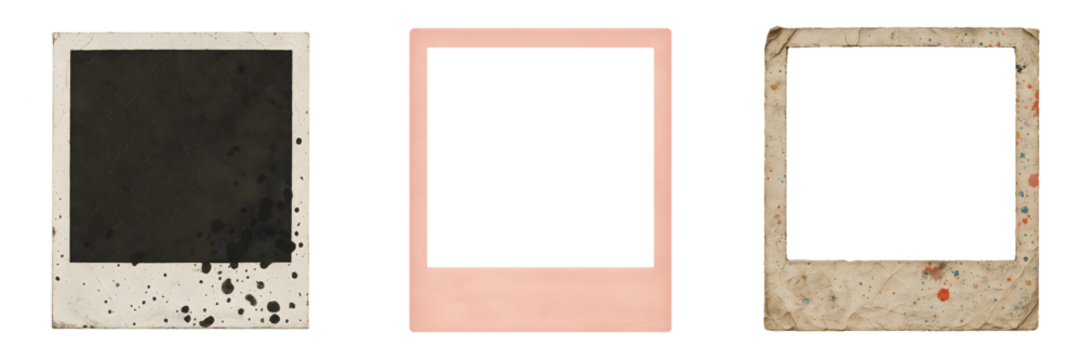 Vintage Scrapbooking Elements on transparent background, for design projects. Polaroid Frame Overlay Pack. Grunge Photo Frame Clipart